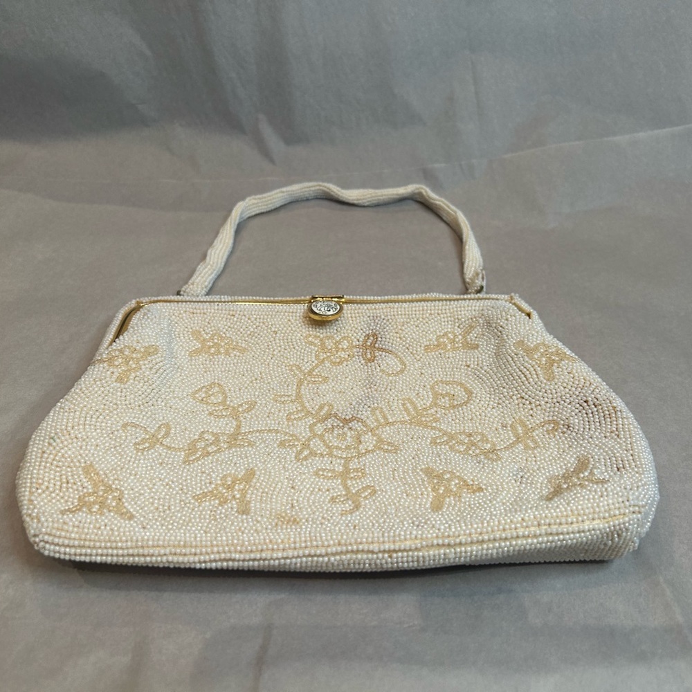 Vintage White Beaded Evening Bag Wedding Clutch Handbag Formal Handbeaded Prom - Picture 8 of 11